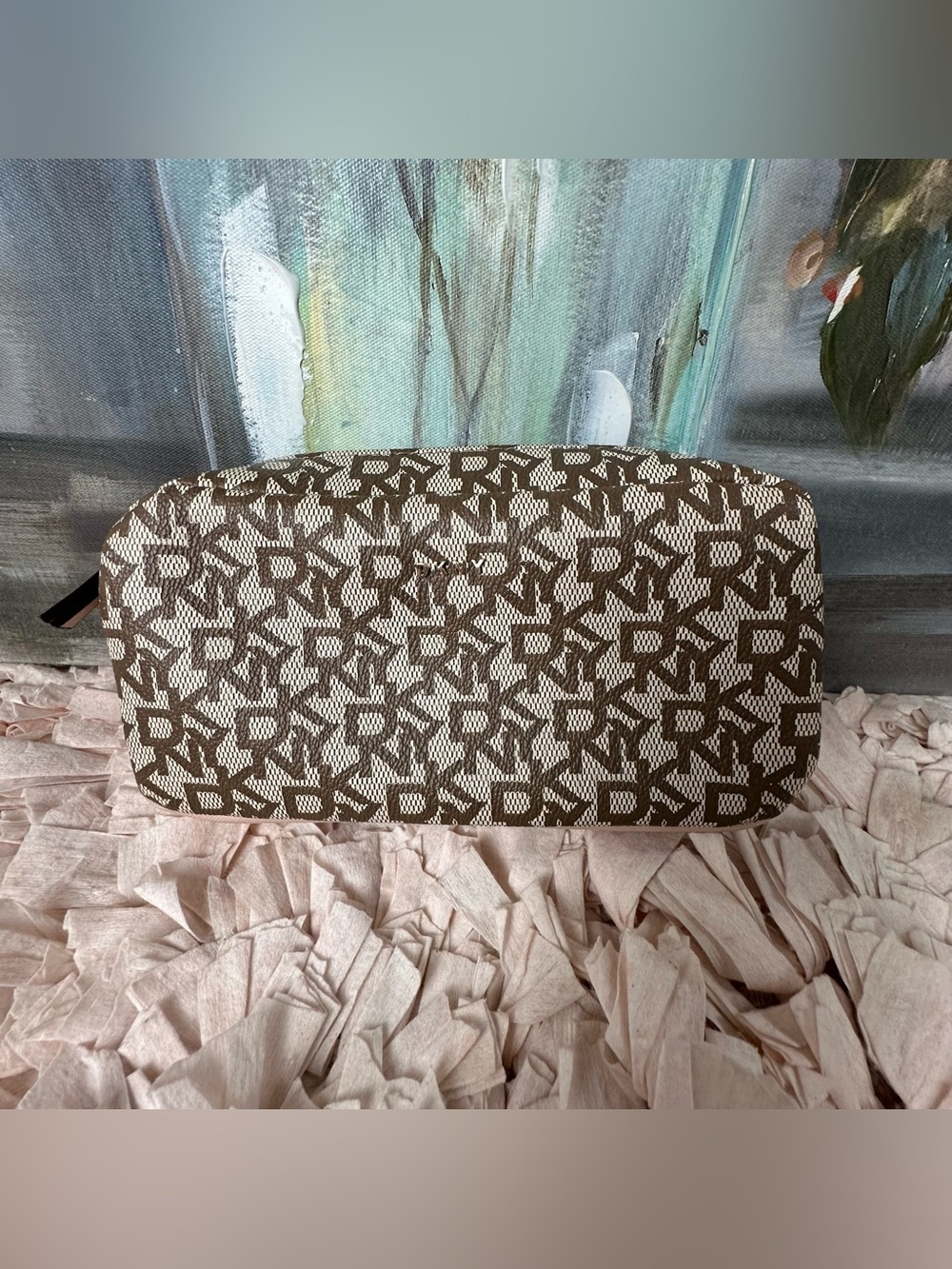 DKNY Brown Logo Cosmetic/Travel Makeup Bag - Excellent Condition